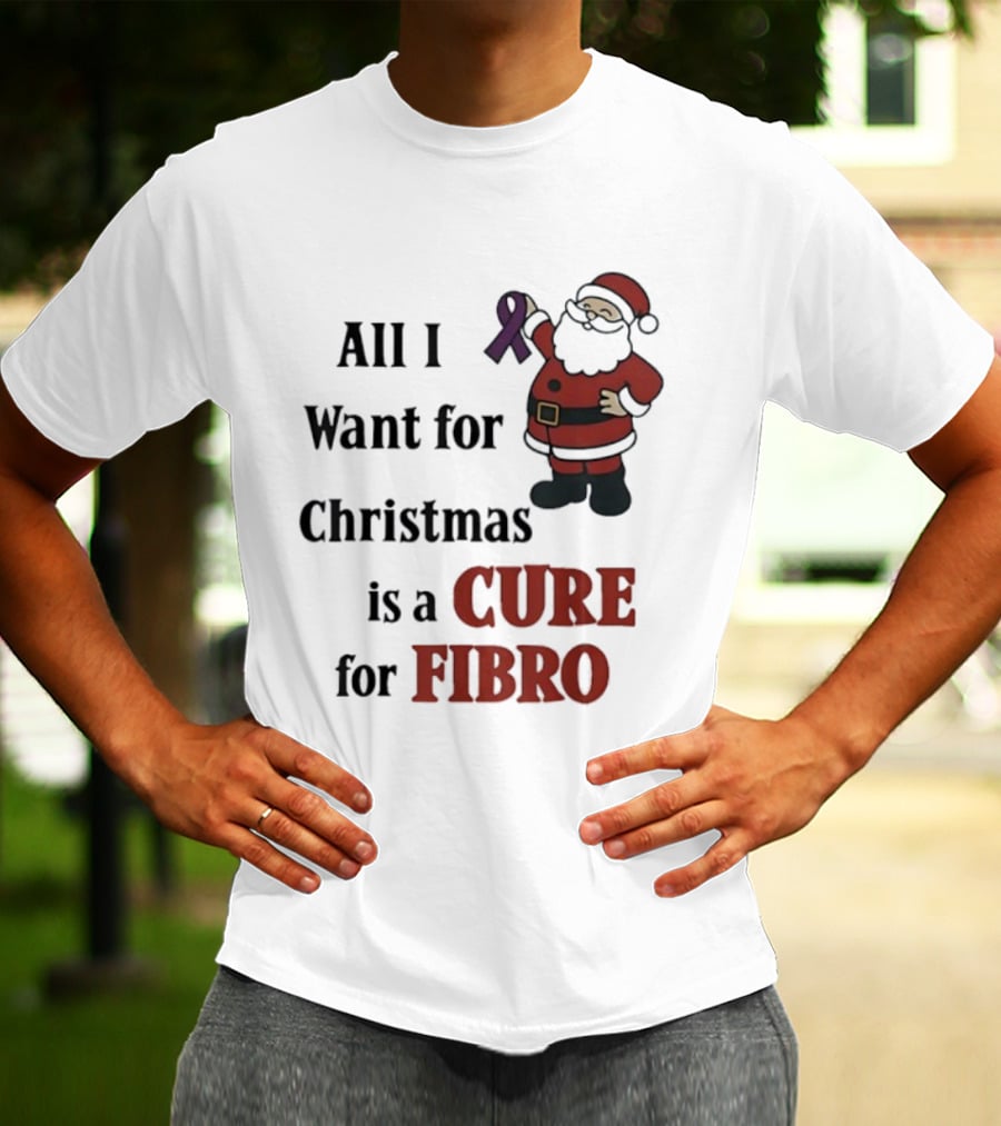 Santa Claus All I Want For Christmas Is A Cure For Fibro Purple Ribbon T-Shirt