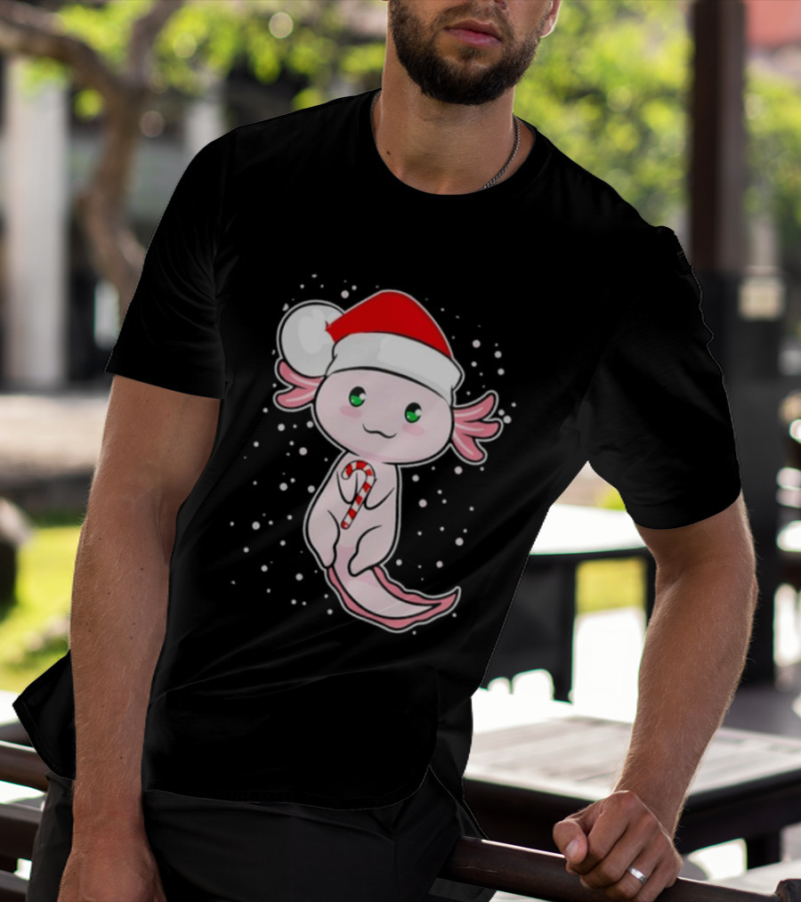 Axolotl Christmas Candy Cane Santa Hat Cute Holiday Snowflakes T-Shirt
