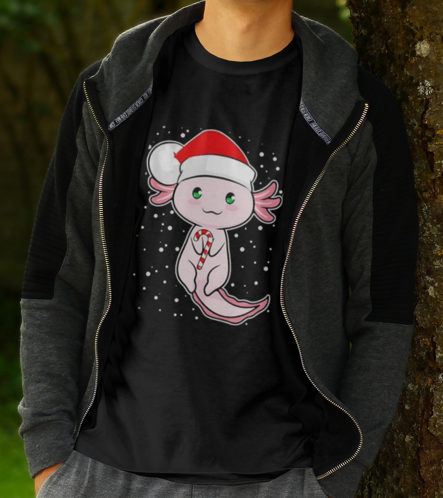 Axolotl Christmas Candy Cane Santa Hat Cute Holiday Snowflakes T-Shirt