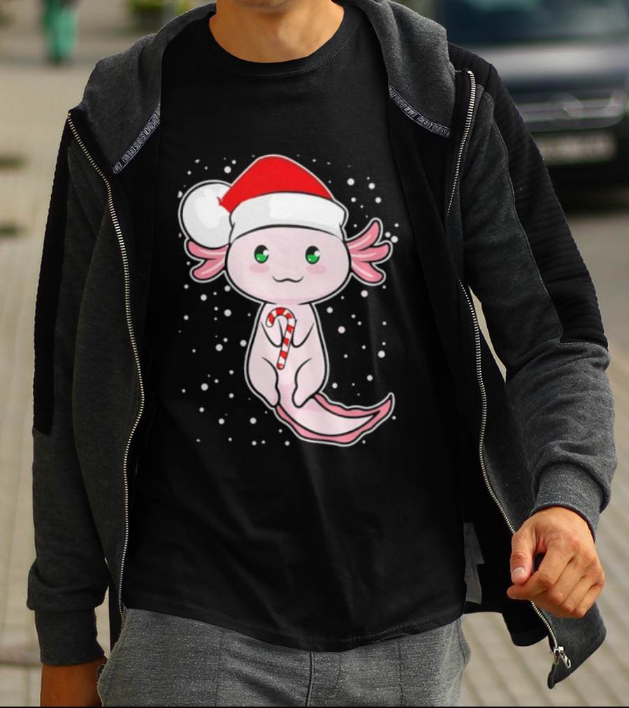 Axolotl Christmas Candy Cane Santa Hat Cute Holiday Snowflakes T-Shirt