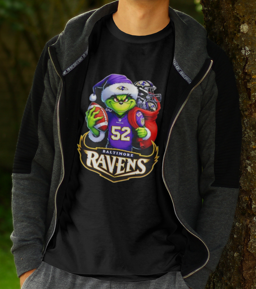 Baltimore Ravens Grinch Santa Hat Holding Football Ravens Logo Grinchmas T-Shirt