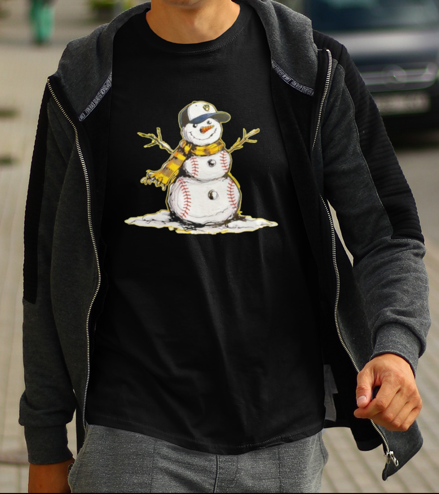 Milwaukee Brewers Baseball Snowman Wearing Cap With Scarf T-Shirt