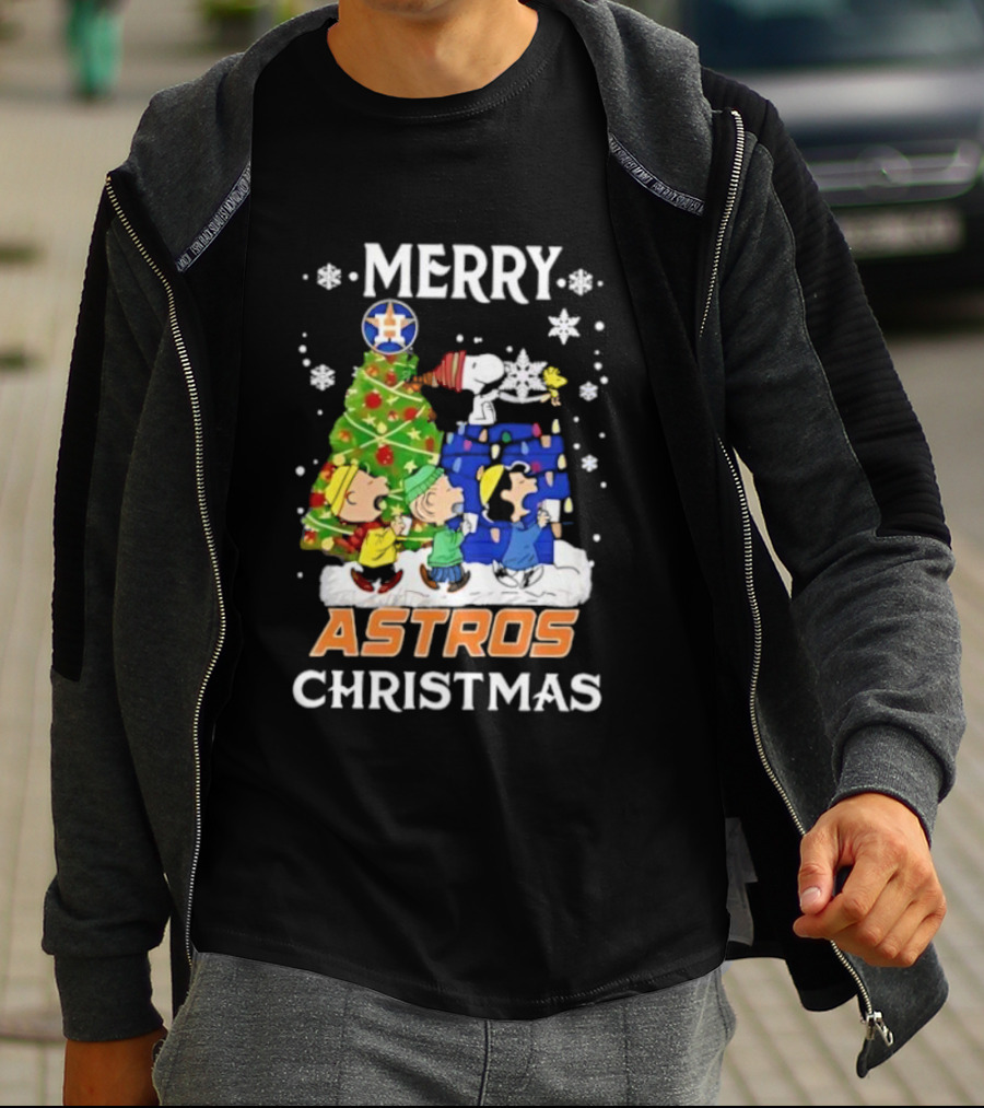 Merry Astros Christmas Snoopy And Friends Holiday Baseball Celebration T-Shirt
