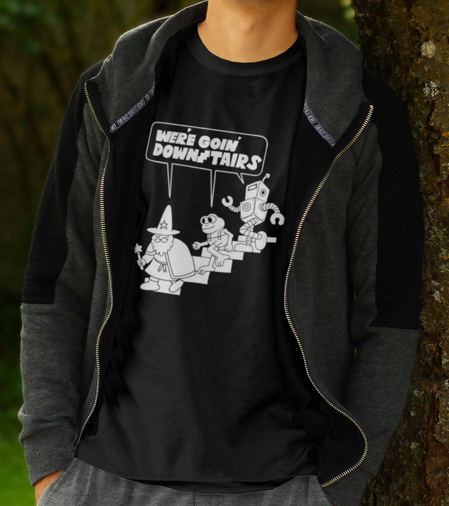 We’re Goin’ Downstairs Wizard Frog Robot Walking Down Steps T-Shirt