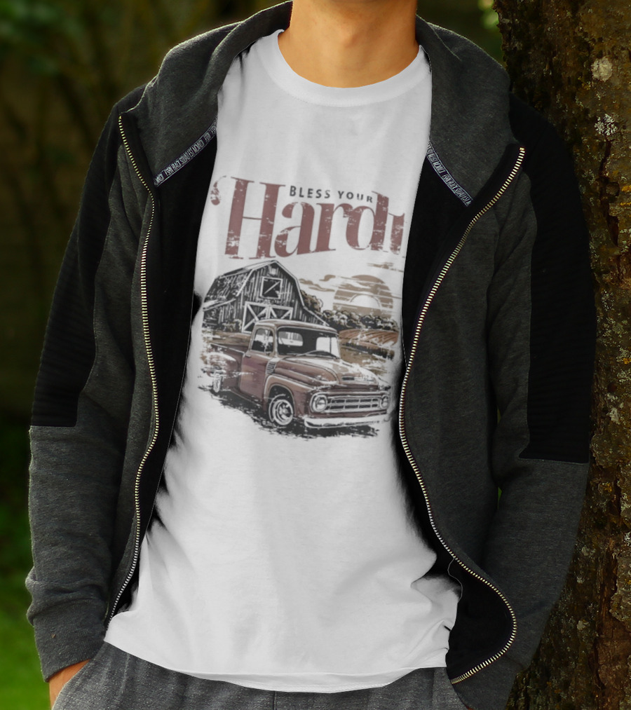 Bless Your Hardt Vintage Truck Barn Sunset Scene T-Shirt