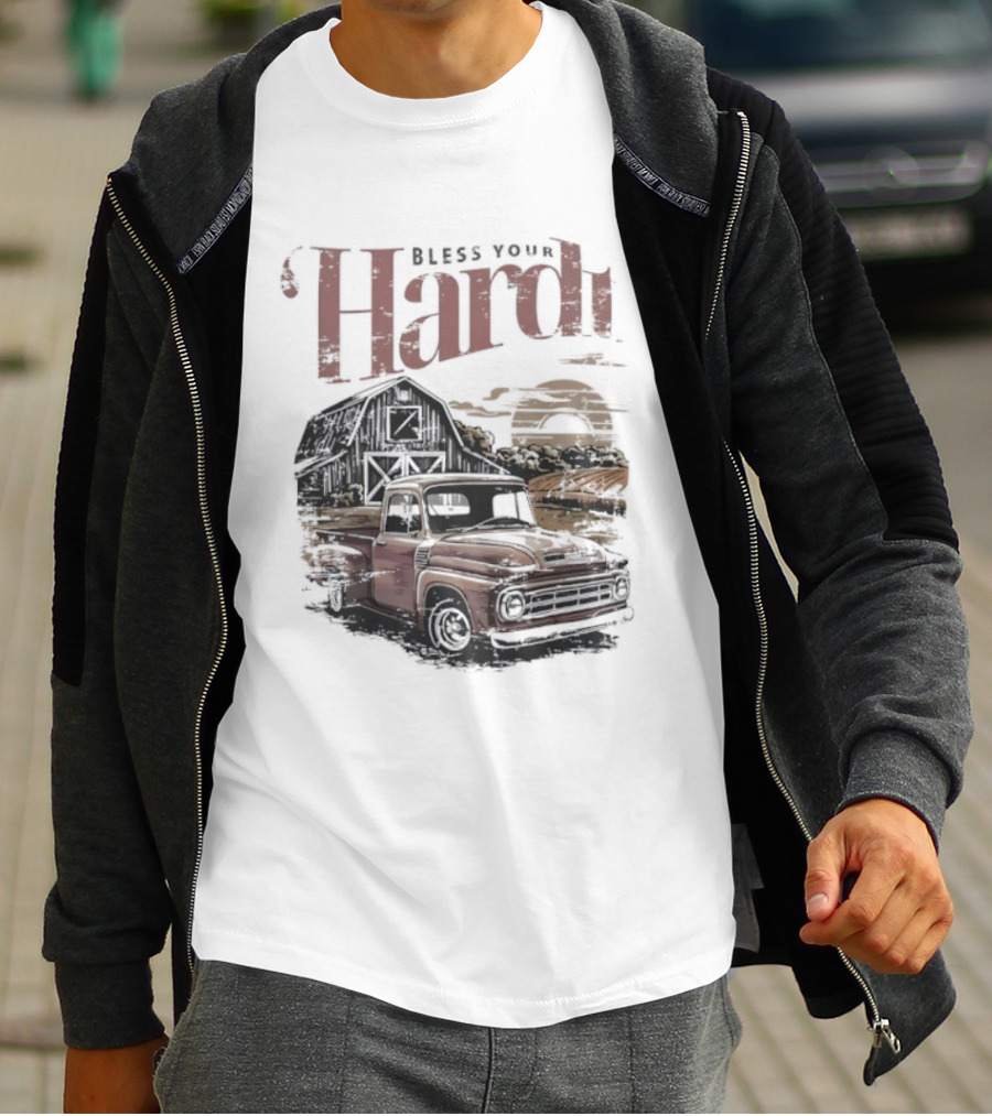 Bless Your Hardt Vintage Truck Barn Sunset Scene T-Shirt