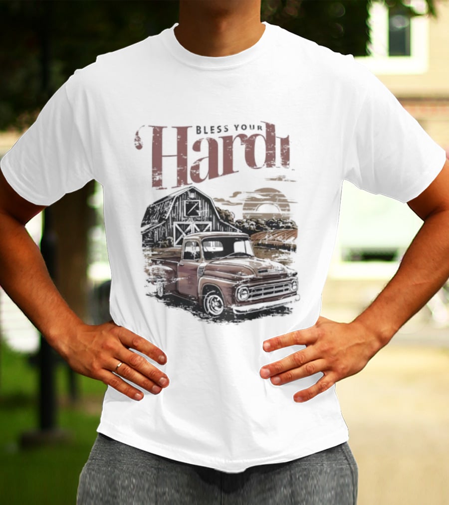 Bless Your Hardt Vintage Truck Barn Sunset Scene T-Shirt