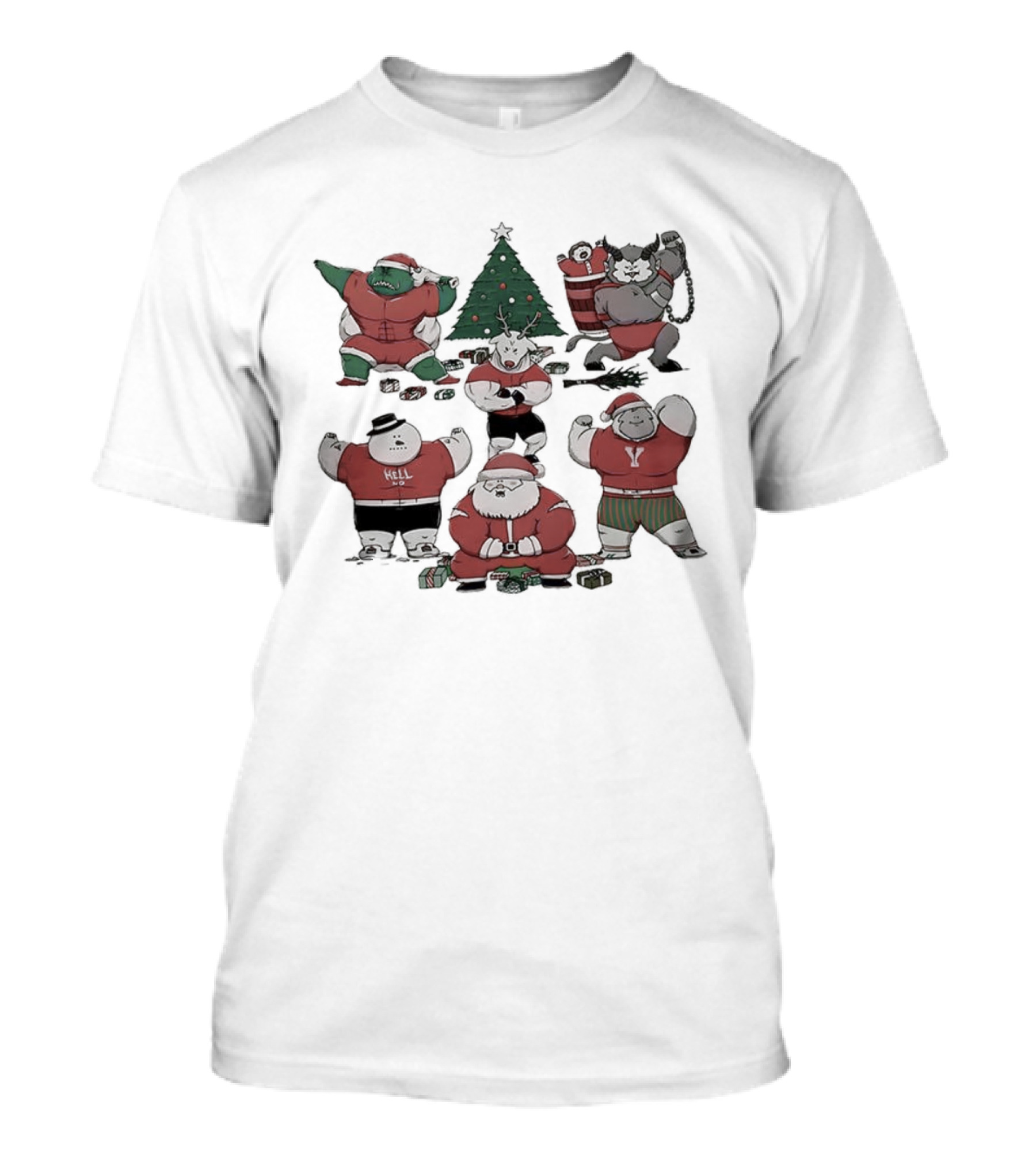 Merry Muscular Santa Grinch Bigfoot Krampus Reindeer Christmas T-Shirt