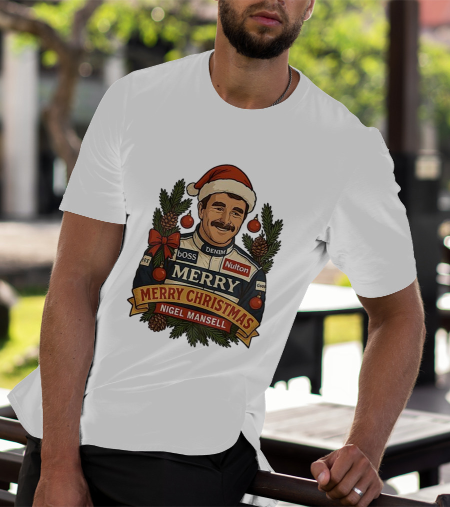 Nigel Mansell Merry Christmas Boss Denim Nulton Goodyear Racing Santa Hat Pinecones T-Shirt