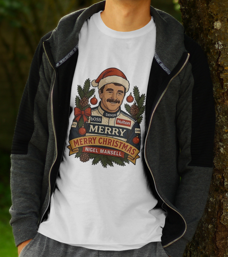 Nigel Mansell Merry Christmas Boss Denim Nulton Goodyear Racing Santa Hat Pinecones T-Shirt