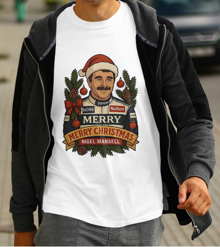 Nigel Mansell Merry Christmas Boss Denim Nulton Goodyear Racing Santa Hat Pinecones T-Shirt
