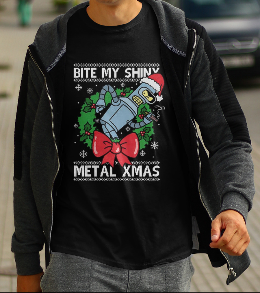 Bite My Shiny Metal Xmas Bender Ugly Christmas T-Shirt