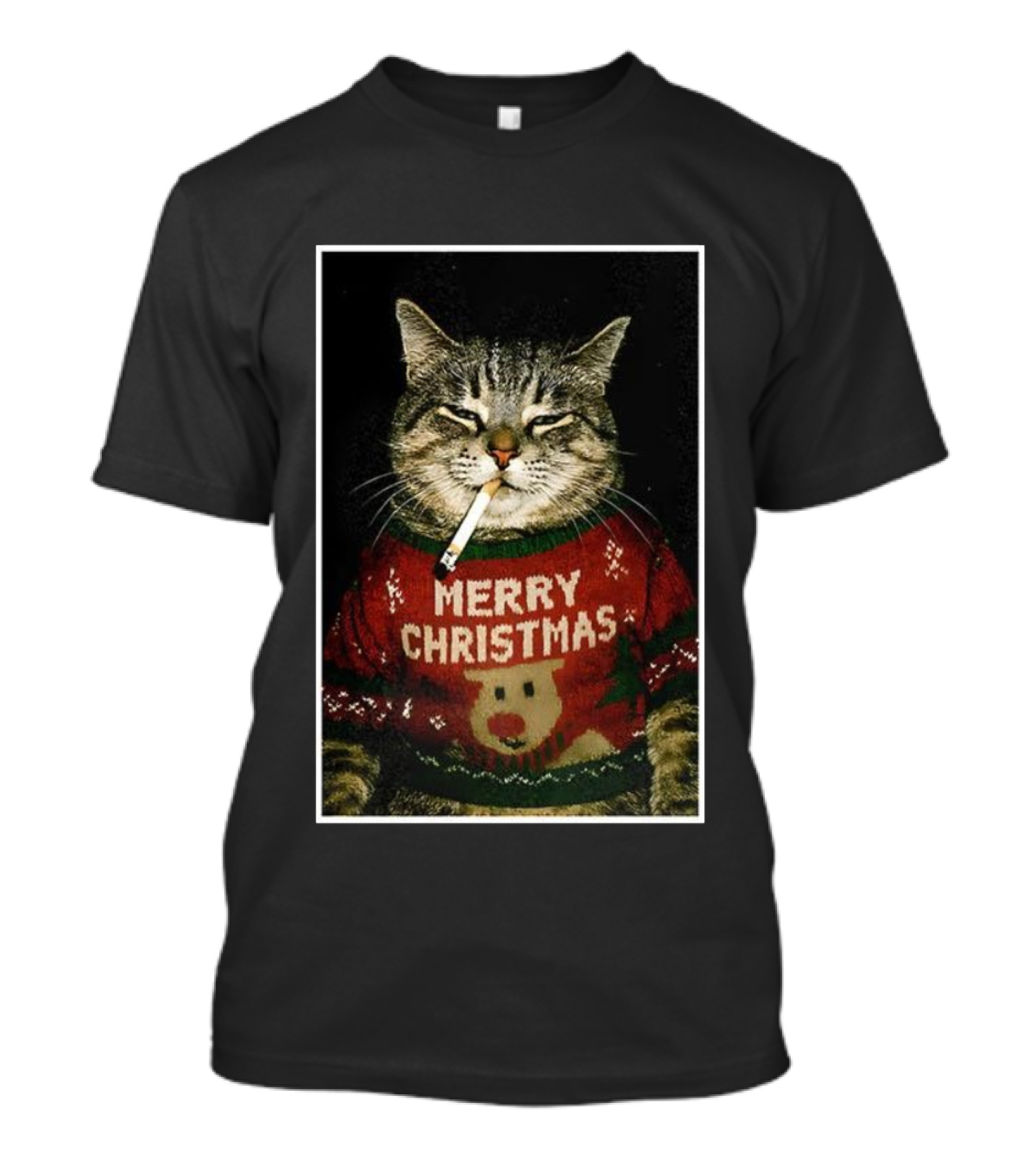 Merry Christmas Smoking Cat Funny Holiday Sweater Meme T-Shirt