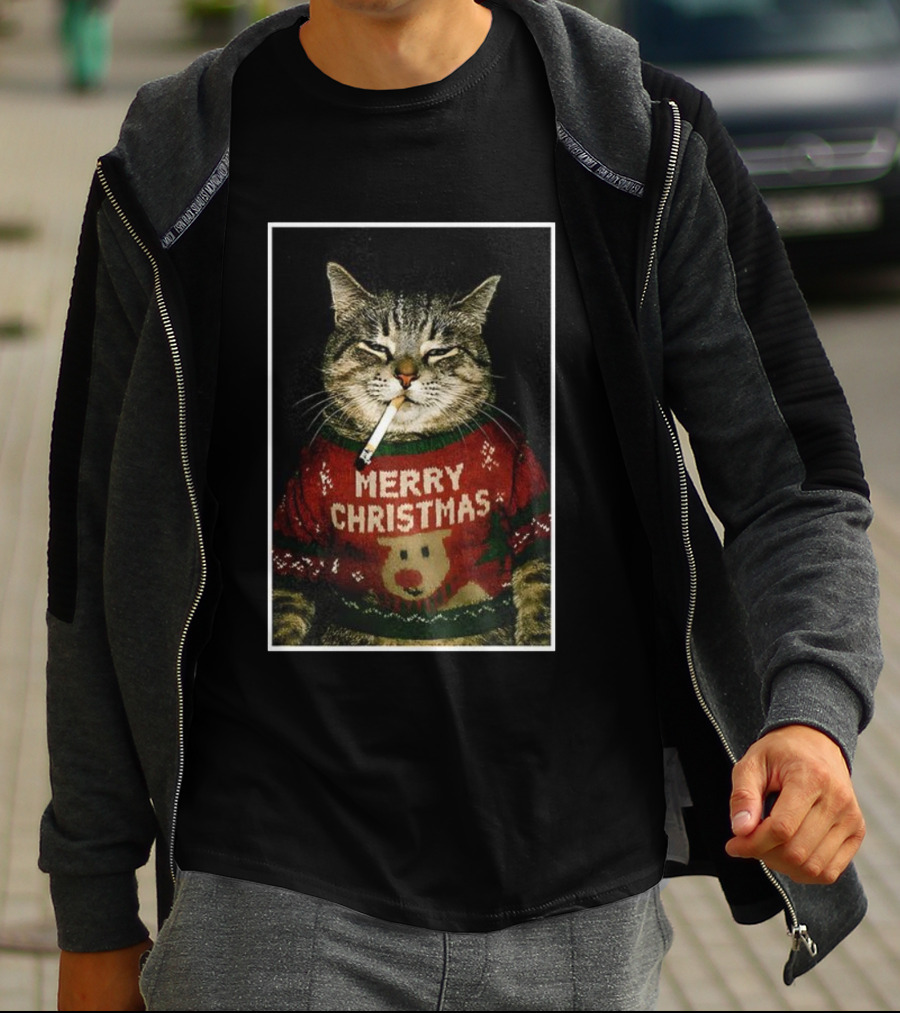 Merry Christmas Smoking Cat Funny Holiday Sweater Meme T-Shirt
