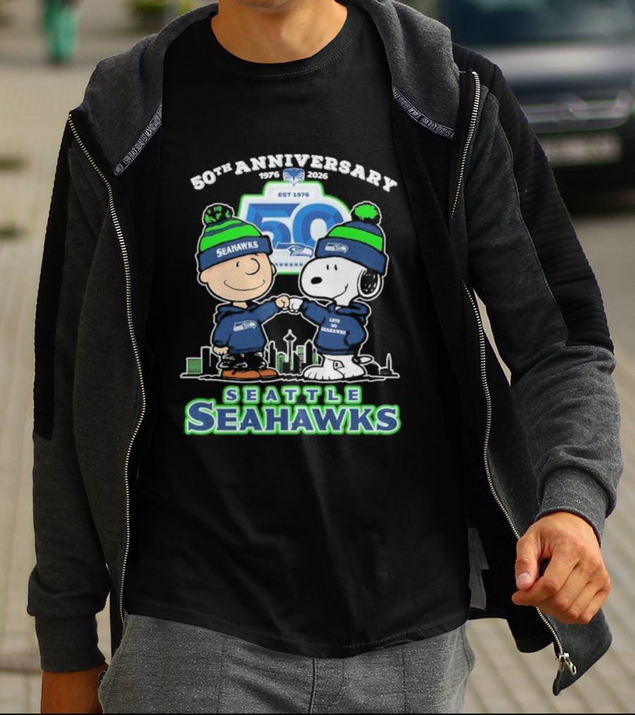 Snoopy Charlie Brown Peanuts Seattle Seahawks 50th Anniversary 1976-2025 T-Shirt