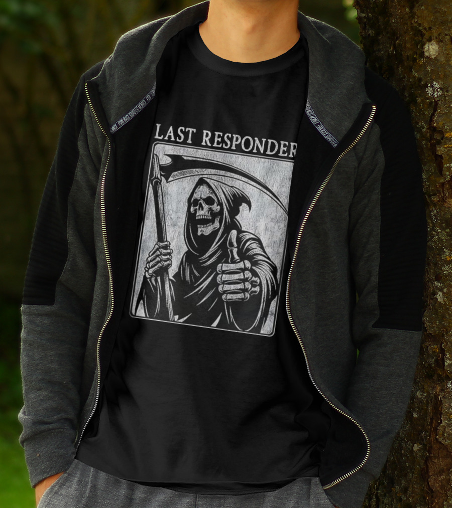 Grim Reaper Thumbs Up Last Responder Skeleton Scythe T-Shirt