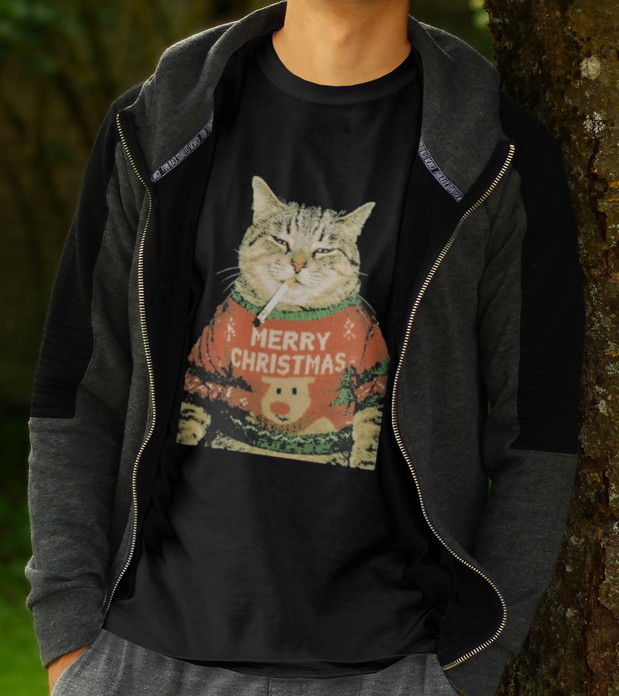 Merry Christmas Cat Sweater Smoking Cat Holiday Bear T-Shirt
