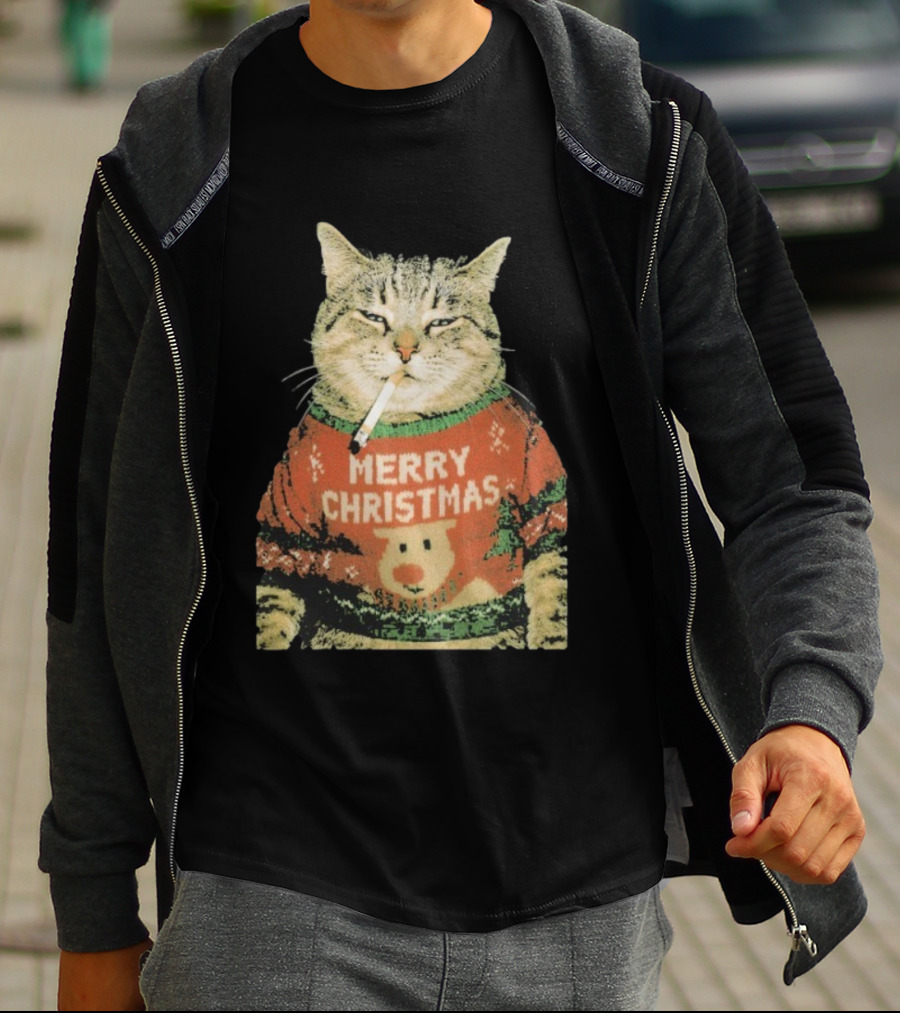 Merry Christmas Cat Sweater Smoking Cat Holiday Bear T-Shirt