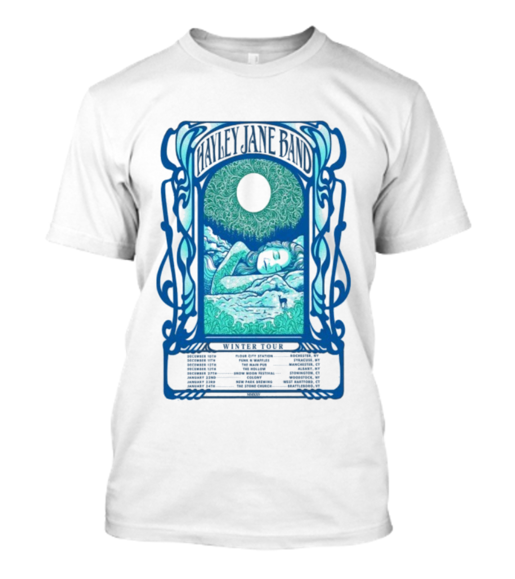 Hayley Jane Band Winter Tour 2025 Dates Vibrant Blue Art Nouveau Style T-Shirt