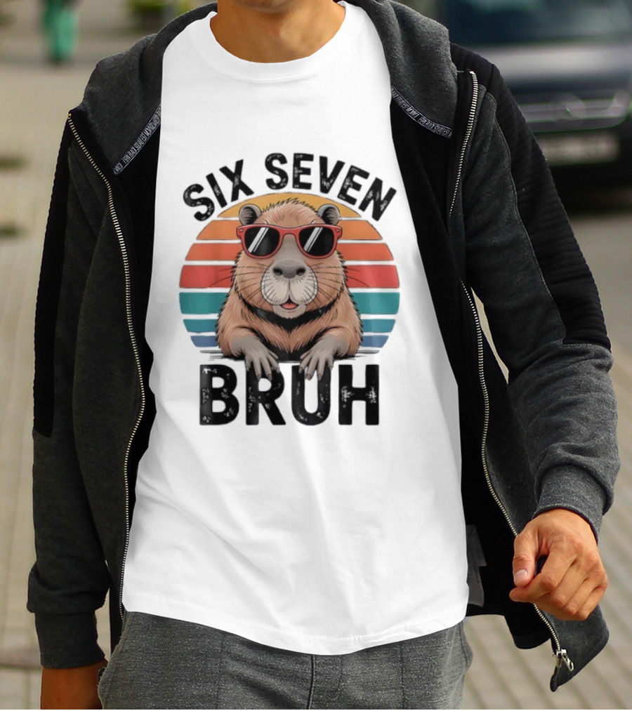 Capybara Sunglasses Meme Sunset Six Seven Bruh Retro T-Shirt