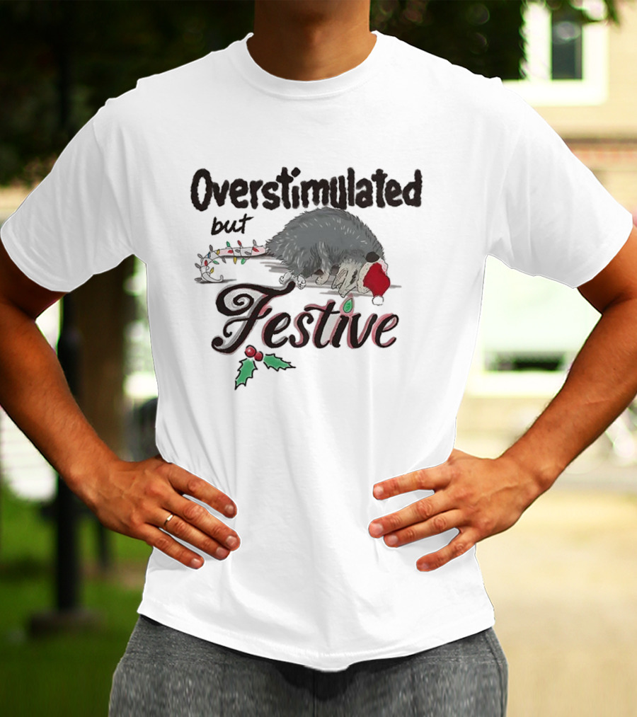 Overstimulated But Festive Opossum Christmas Santa Hat Holly T-Shirt