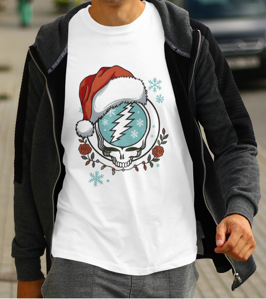 Grateful Dead Steal Your Face Santa Hat Christmas Roses Snowflakes T-Shirt