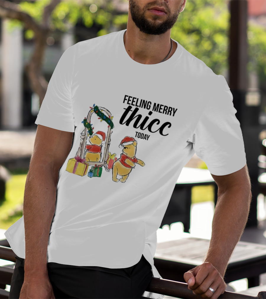 Winnie The Pooh Feeling Merry Thicc Today Christmas Mirror Reflection Holiday Gifts Santa Hat T-Shirt