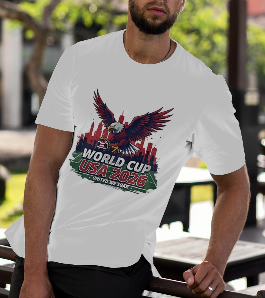 World Cup USA 2026 Bald Eagle United We Soar City Skyline Football Field T-Shirt