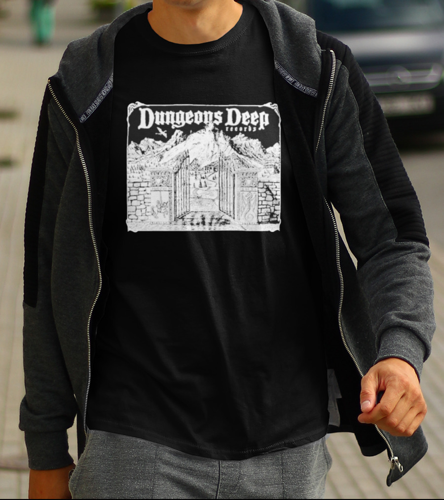 Dungeons Deep Records Fantasy Mountain Gate Adventure Scenic Landscape T-Shirt