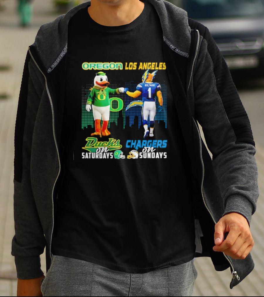 Oregon Ducks Saturdays Los Angeles Chargers Sundays Mascot Matchup T-Shirt