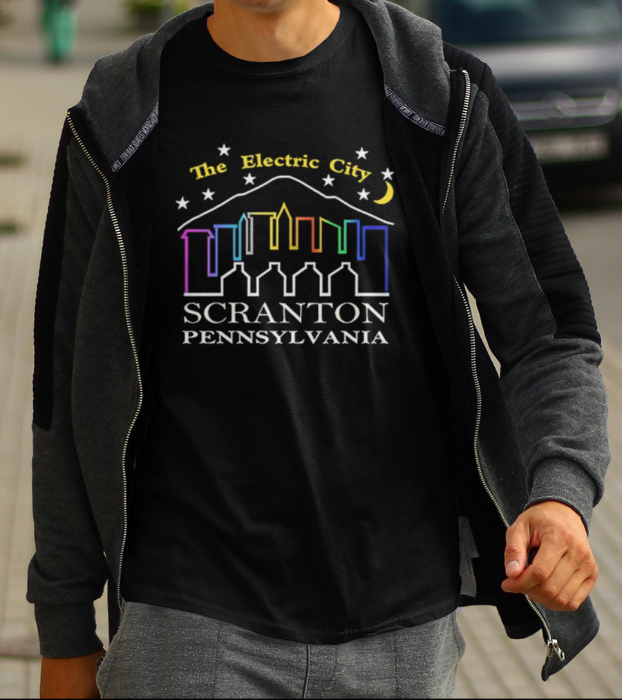 The Electric City Scranton Pennsylvania Skyline Stars Moon Colorful Outlines T-Shirt
