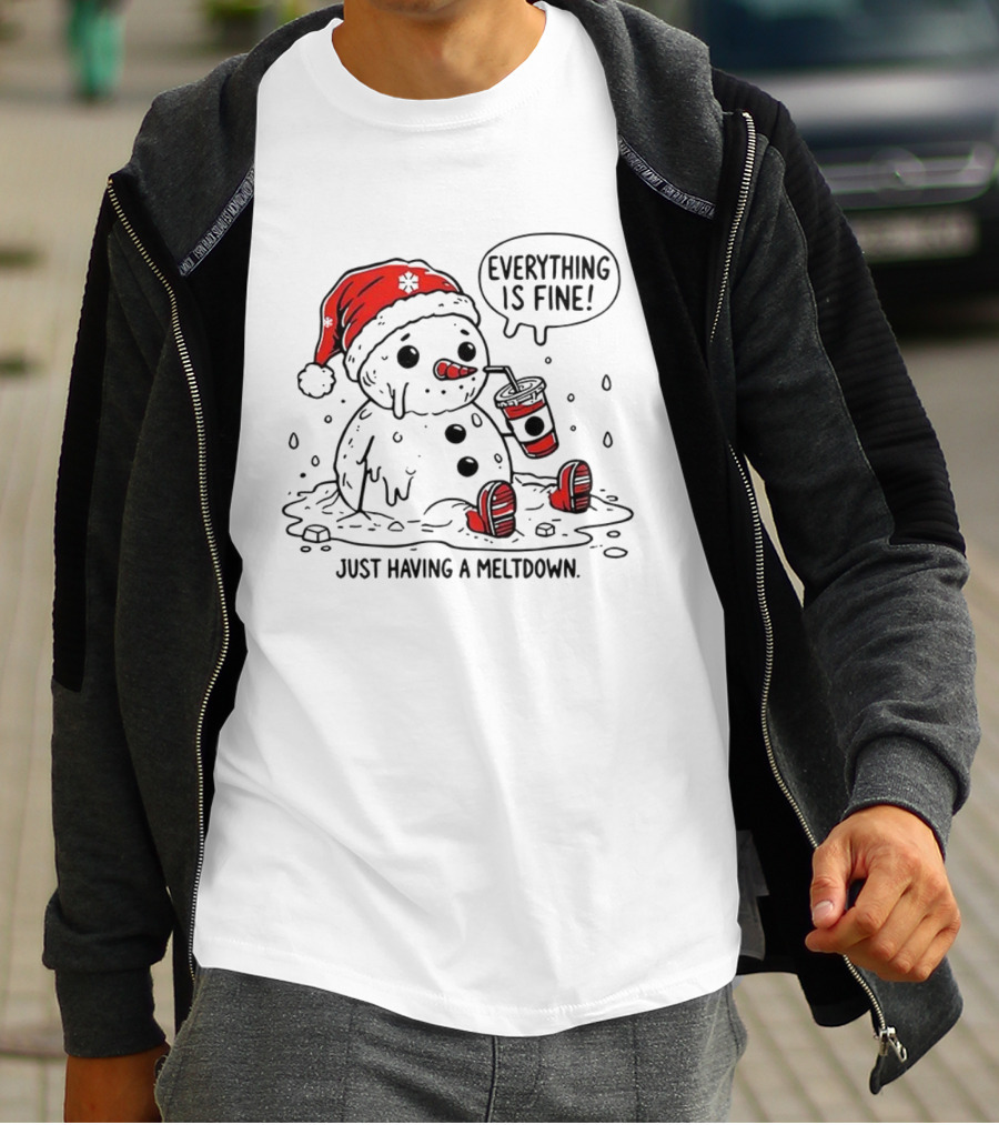 Everything Is Fine Snowman Just Having A Meltdown Red Beanie Funny Winter T-Shirt