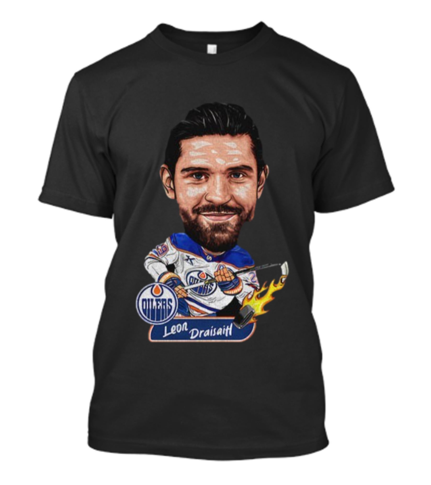Edmonton Oilers Hockey Leon Draisaitl Caricature Flames Stick T-Shirt