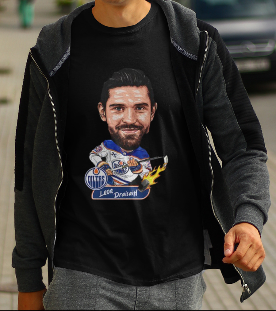 Edmonton Oilers Hockey Leon Draisaitl Caricature Flames Stick T-Shirt