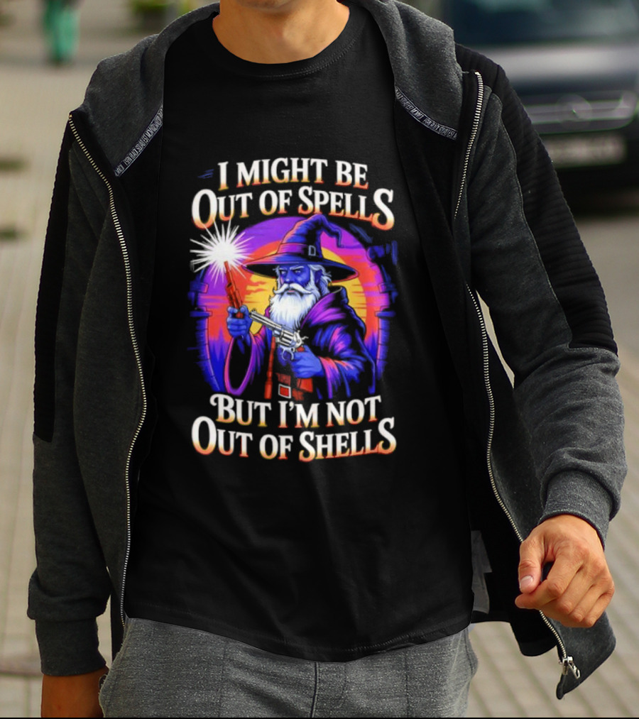 Wizard I Might Be Out Of Spells But I'm Not Out Of Shells Retro Wizard With Gun T-Shirt