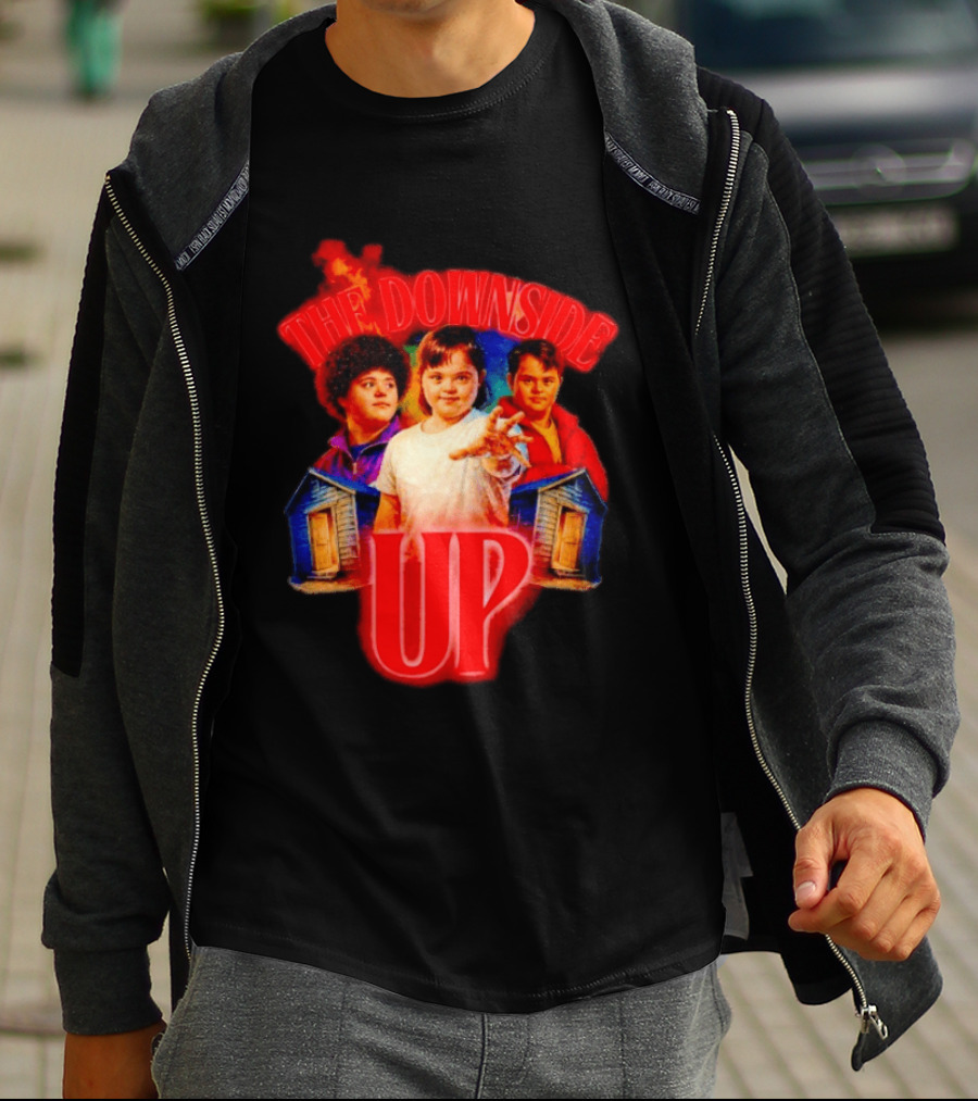 The Downside Up Stranger Things Meme Parody With Character Trio And Cabins T-Shirt
