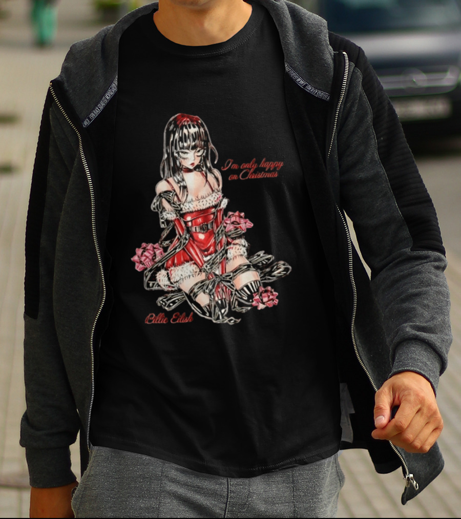 Billie Eilish I'm Only Happy On Christmas Red Outfit Wrapping Ribbon T-Shirt