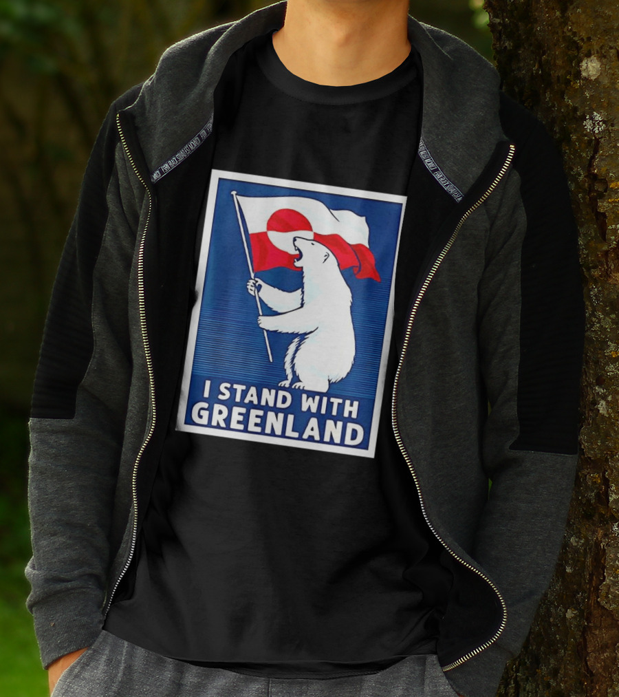 I Stand With Greenland Polar Bear Holding Flag Solidarity Banner T-Shirt