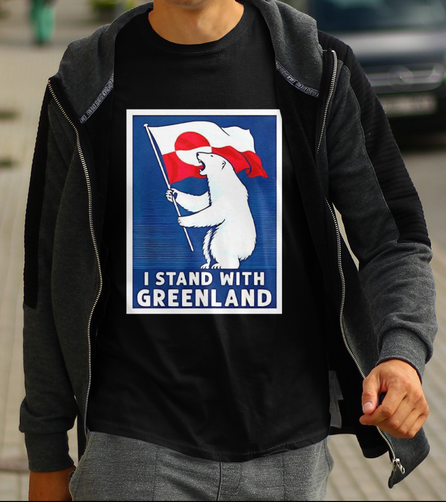 I Stand With Greenland Polar Bear Holding Flag Solidarity Banner T-Shirt