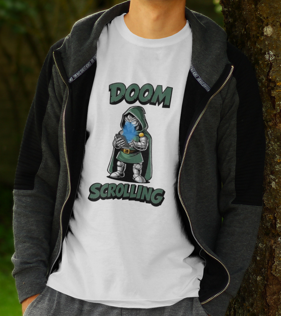 Doom Scrolling Dr Doom Comic Character With Phone T-Shirt