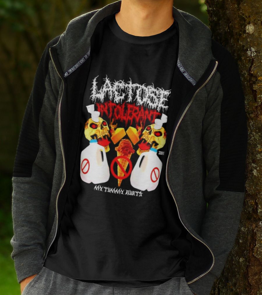 Lactose Intolerant Skulls Milk Jugs No Ice Cream My Tummy Hurts T-Shirt