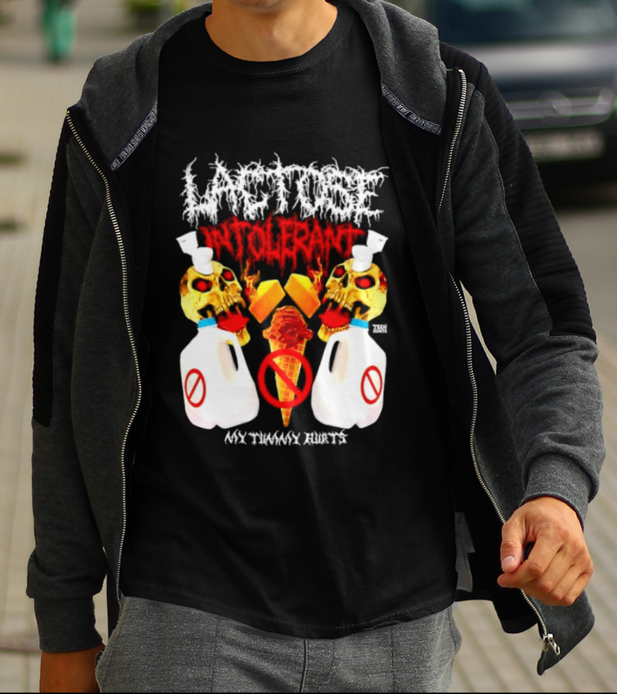 Lactose Intolerant Skulls Milk Jugs No Ice Cream My Tummy Hurts T-Shirt