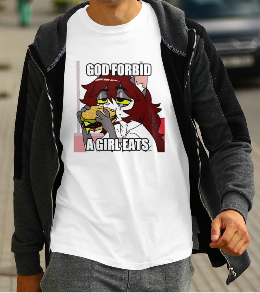 God Forbid A Girl Eats Lazy Cartoon Character Eating Burger T-Shirt