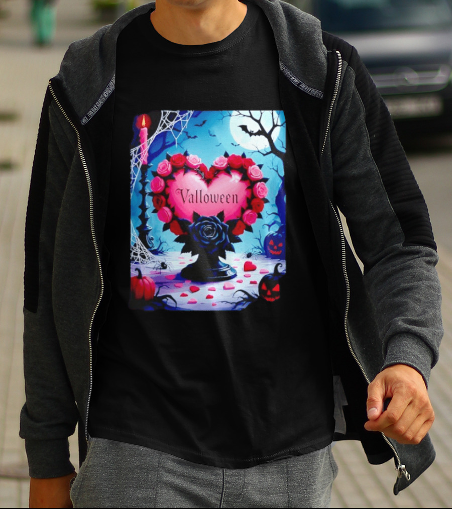Valloween Romance And Menace Heart Rose Candle Moonlit Halloween T-Shirt