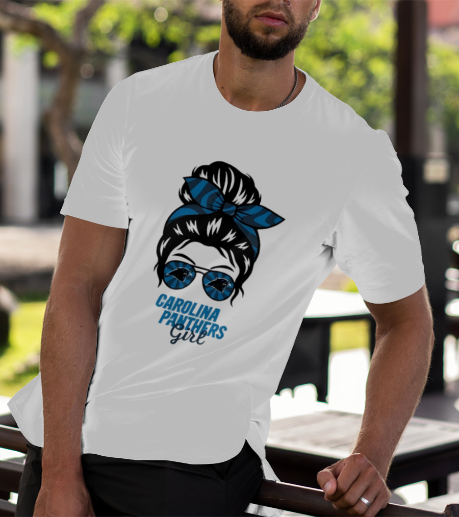 Carolina Panthers Girl Messy Bun Glasses Blue Bow Fan T-Shirt