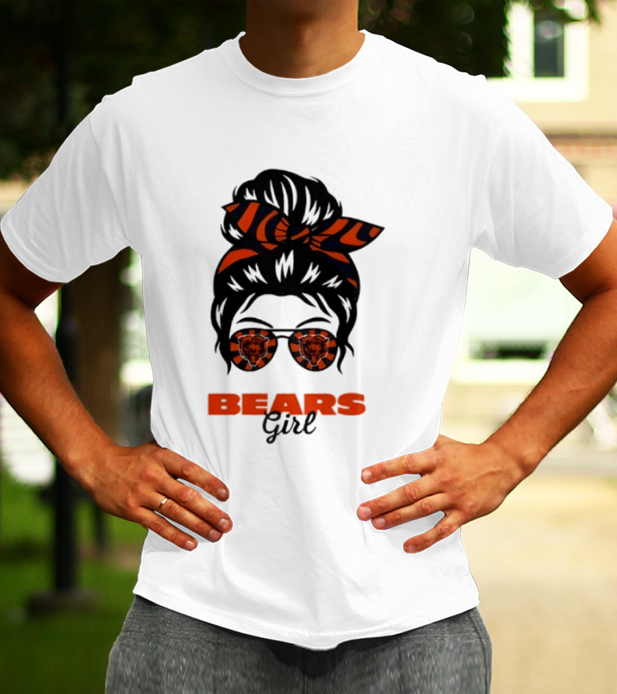 Chicago Bears Girl Messy Bun Glasses Football Fan T-Shirt