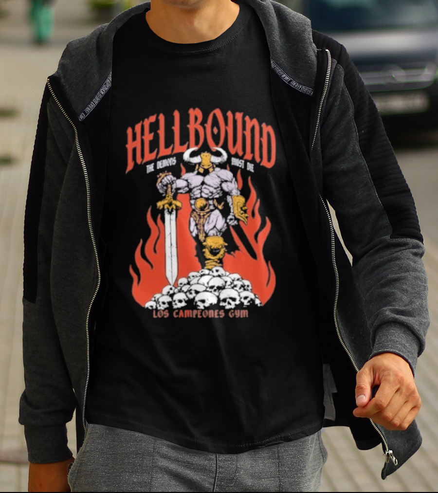 Hellbound Los Campeones Gym The Demos Warrior 2026 Flames Sword Iconic Warrior T-Shirt