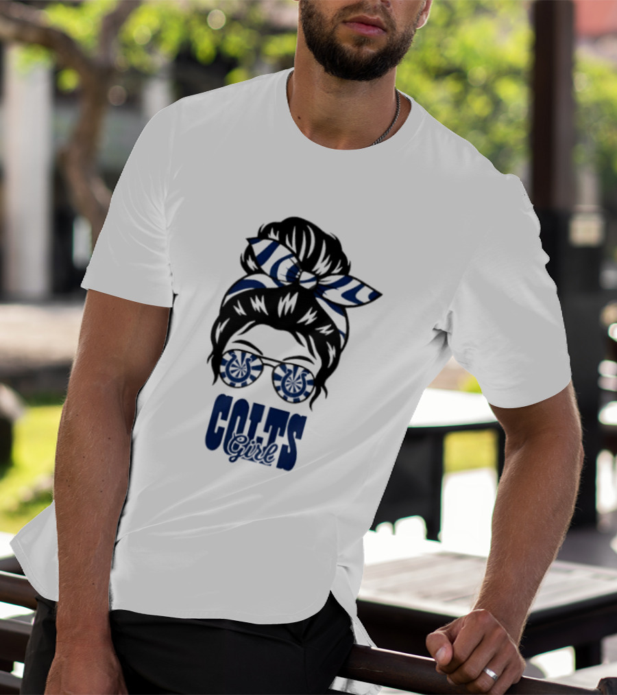 Indianapolis Colts Fan Messy Bun Glasses T-Shirt