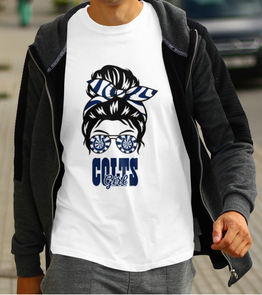 Indianapolis Colts Fan Messy Bun Glasses T-Shirt