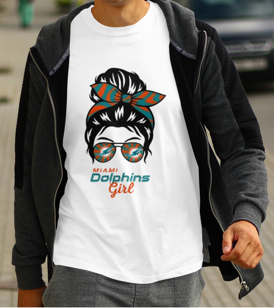 Miami Dolphins Girl Messy Bun Glasses Bow Fan Merchandise T-Shirt